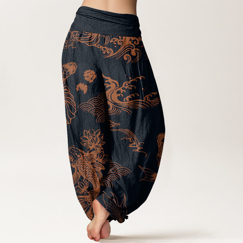 Koi Fish Waves Lotus Flowers Design Women's Elastic Waist Harem Pants