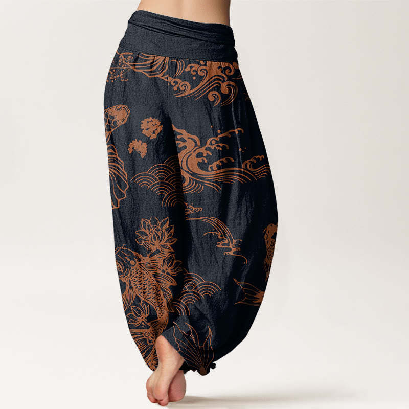 Koi Fish Waves Lotus Flowers Design Women's Elastic Waist Harem Pants