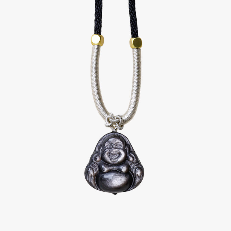 Natural Silver Sheen Obsidian Laughing mystic zen Protection Necklace Pendant