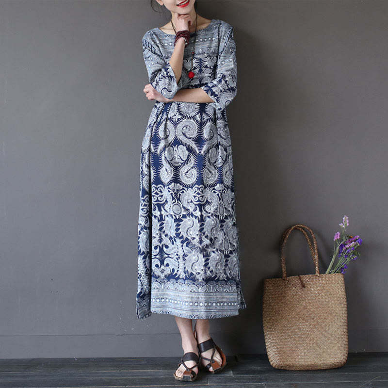 Blue White Flower Printed Button Midi Dress Three Quarter Sleeve Cotton Linen Dress With Pockets