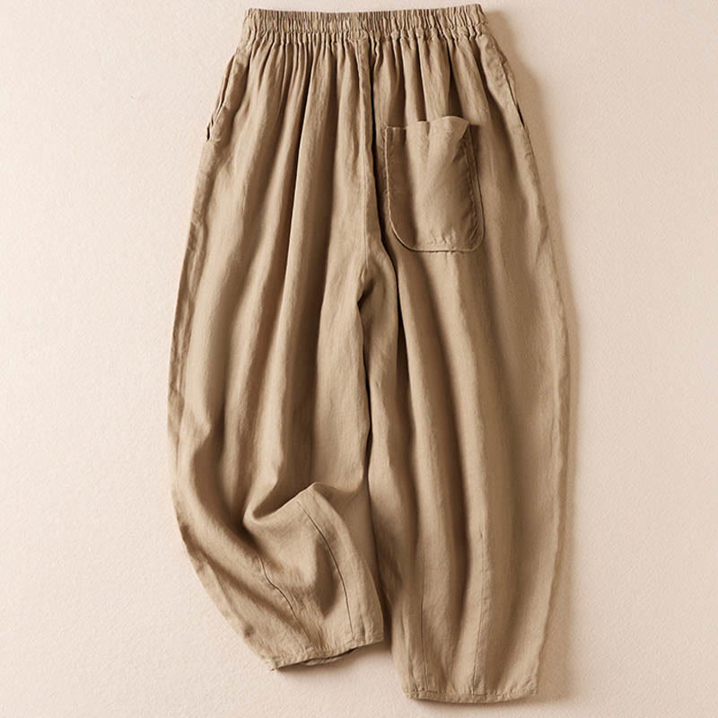 Summer Small Flower Embroidery Cotton Linen Harem Pants With Pockets