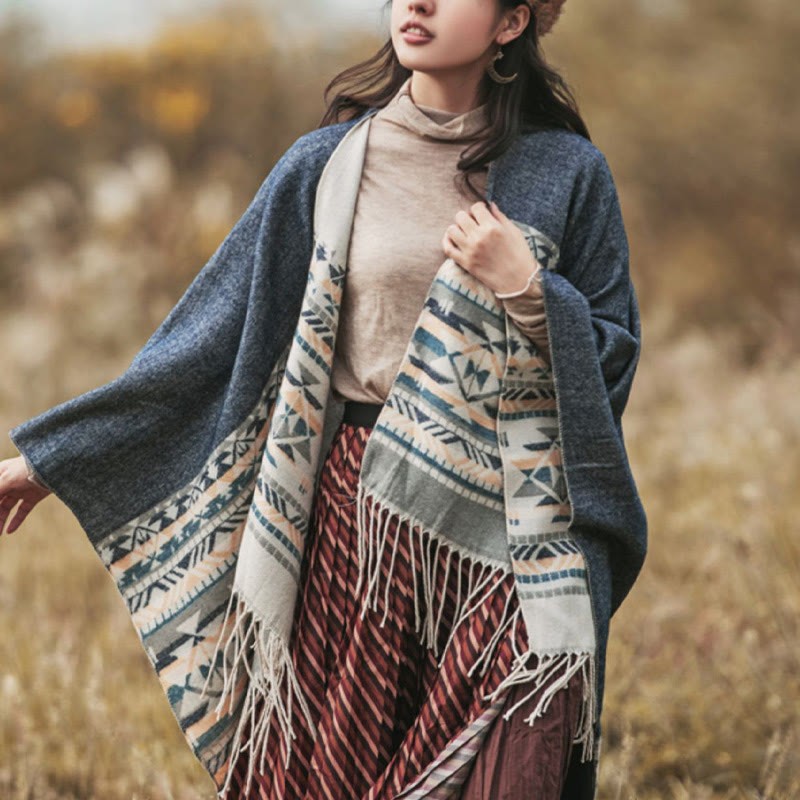 Tibetan Geometric Rhombus Pattern Tassels Shawl Fall Winter Warm Cozy Scarf Wrap