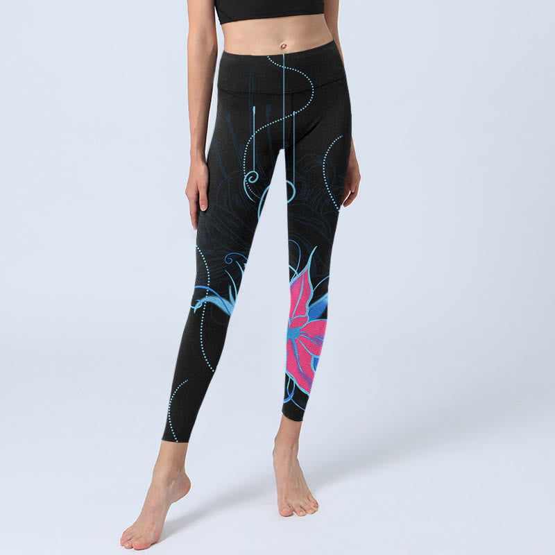 Black Pink Blue Flowers Print Fitness Leggings Women's Yoga Pants