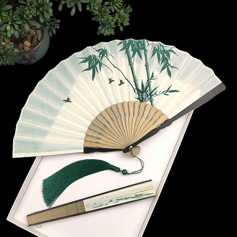 Bamboo Koi Fish Crane Handheld Cotton Linen Folding Fan
