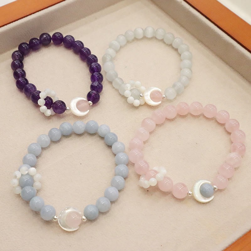 925 Sterling Silver Natural Amethyst Aquamarine Pink Crystal Cat's Eye Healing Crescent Moon Bracelet