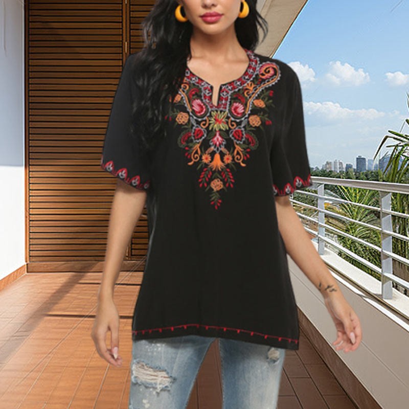 Black Casual Embroidery Flower Design Half Sleeve Notched Cotton Women's T-Shirt