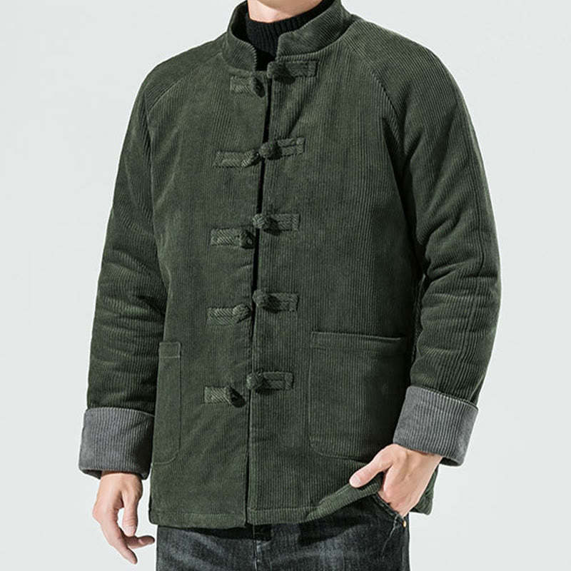 Frog-Button Chinese Tang Suit Stand Collar Long Shirt Corduroy Men Cotton Jacket Clothing