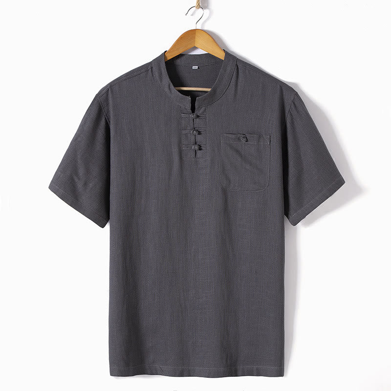 Loose Men's Shirt Solid Color Notched Neck Top Short Sleeve Comfy Button Breathable Cotton Linen Shirt