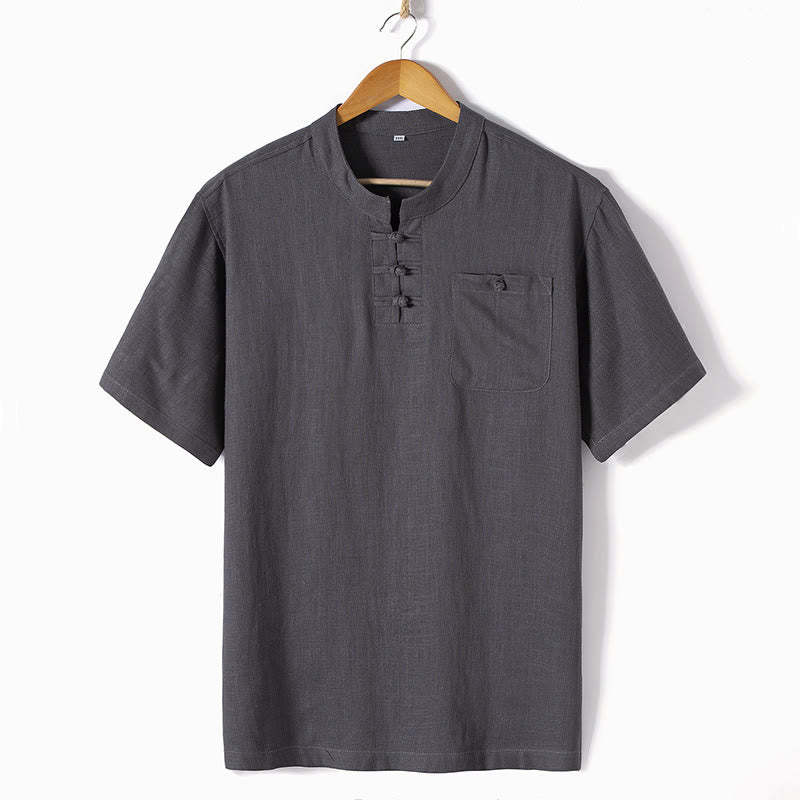 Loose Men's Shirt Solid Color Notched Neck Top Short Sleeve Comfy Button Breathable Cotton Linen Shirt