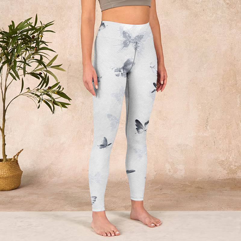 White Gray Butterfly Print Sports Leggings Women's Yoga Pants