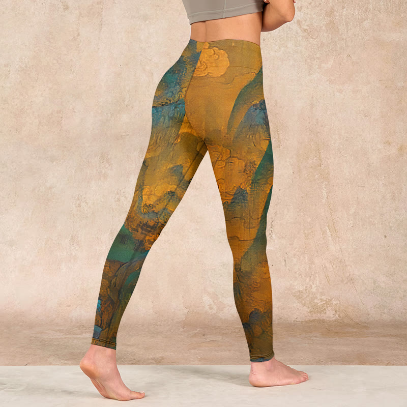 Dark Goldenrod Mountain Print Fitness Leggings Women's Yoga Pants