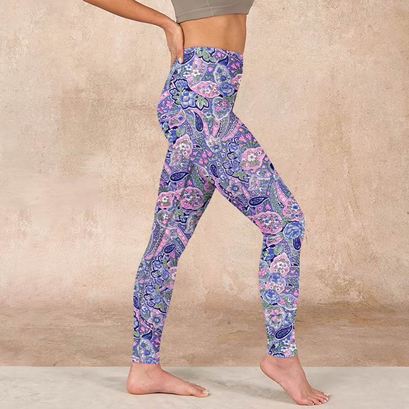 Purple Pink Cashew Flower Print Gym Fitness Leggings Women's Yoga Pants