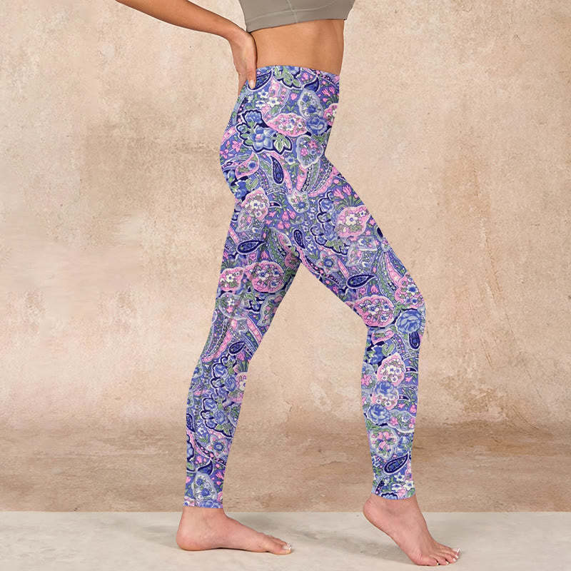 Purple Pink Cashew Flower Print Gym Fitness Leggings Women's Yoga Pants