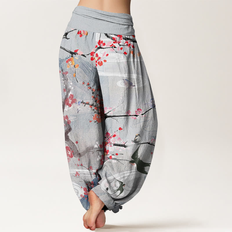 Casual Plum Blossom Bird Mountain Pattern Women's Elastic Waist Harem Pants