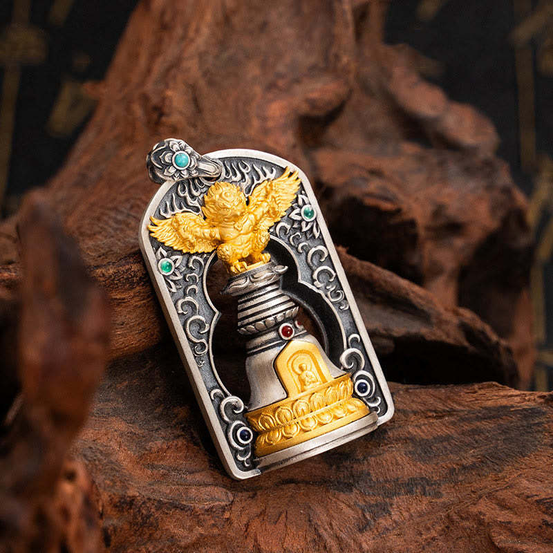 925 Sterling Silver Tibetan Garuda Bird Vajra Dorje Bell Protection Necklace Pendant