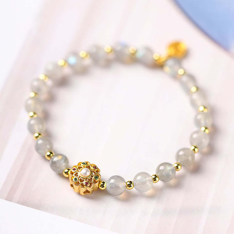 14K Gold Plated Natural Strawberry Quartz Labradorite Sun Stone Fu Character Positive Charm Bracelet