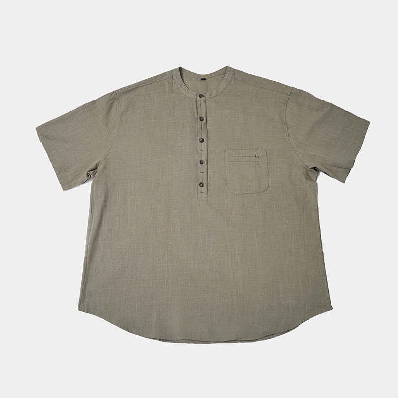 Men's Summer Solid Color Short Sleeve Half Button Cotton Linen Shirt