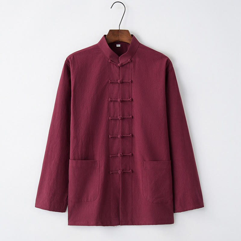 Tang Frog-Button Long Sleeve Shirt Cotton Men's Clothing