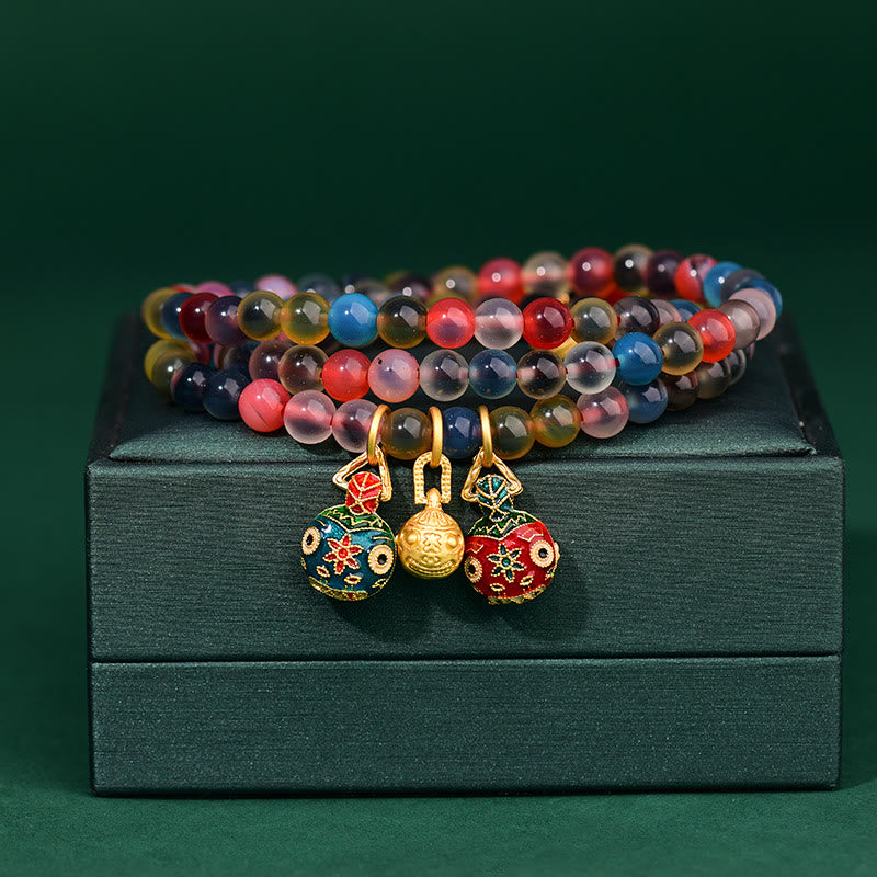Colorful Candy Agate Gold Swallowing Beast Family Strength Charm Triple Wrap Bracelet