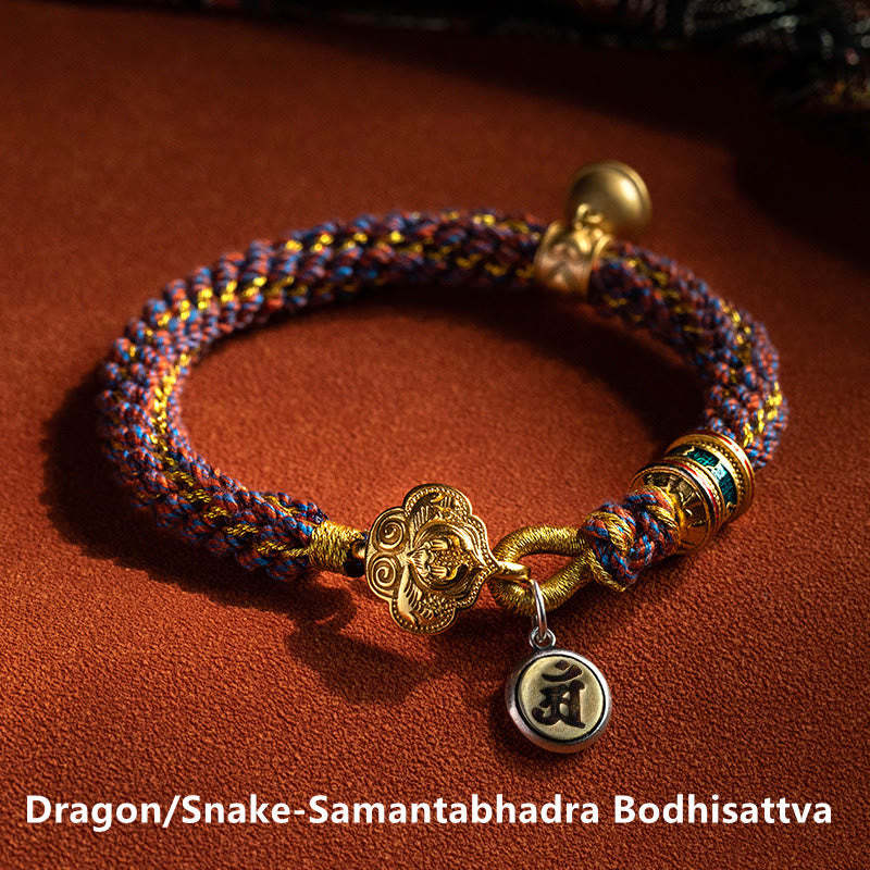 925 Sterling Silver Chinese Zodiac Natal mystic zen Om Mani Padme Hum Luck Bell Braided String Bracelet