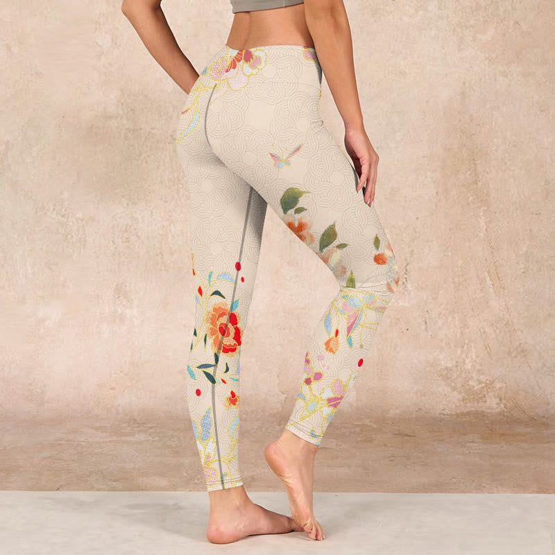 Apricot Butterfly Peony Flowers Leaves Print Gym Leggings Women's Yoga Pants