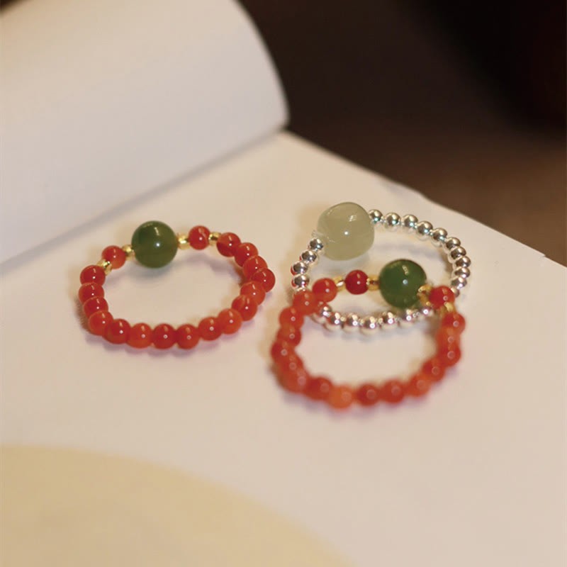 925 Sterling Silver Natural Small Hetian Jade Red Agate Pearl Bead Prosperity Elastic Ring
