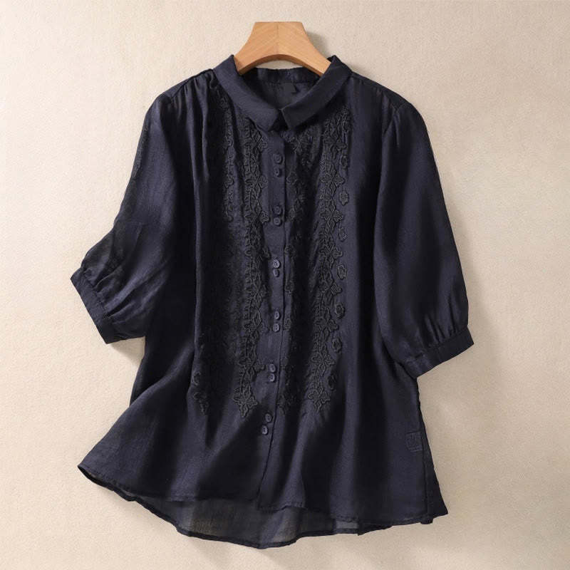 Summer Plain Button Embroidery Flower Pattern Three Quarter Sleeve Lapel Cotton Linen Women's Shirt