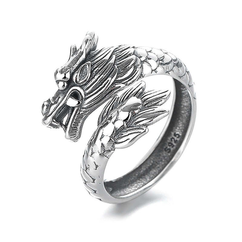 925 Sterling Silver Year Of The Dragon Luck Strength Adjustable Metal Ring