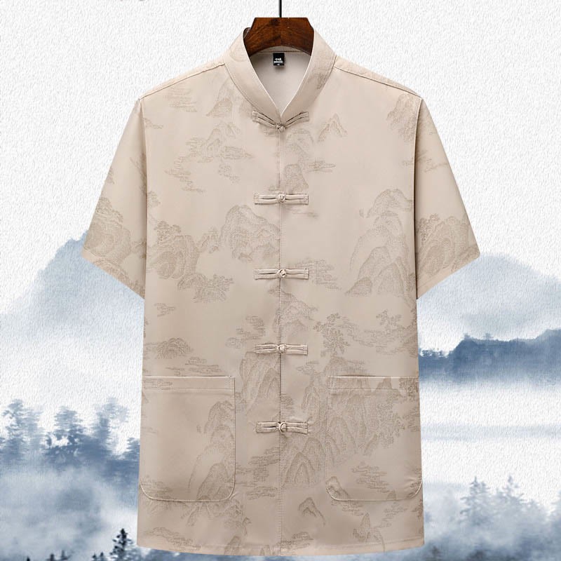 Mountains Trees Tang Suit Hanfu Traditional Uniform Short Sleeve Top Pants Clothing Men's Set