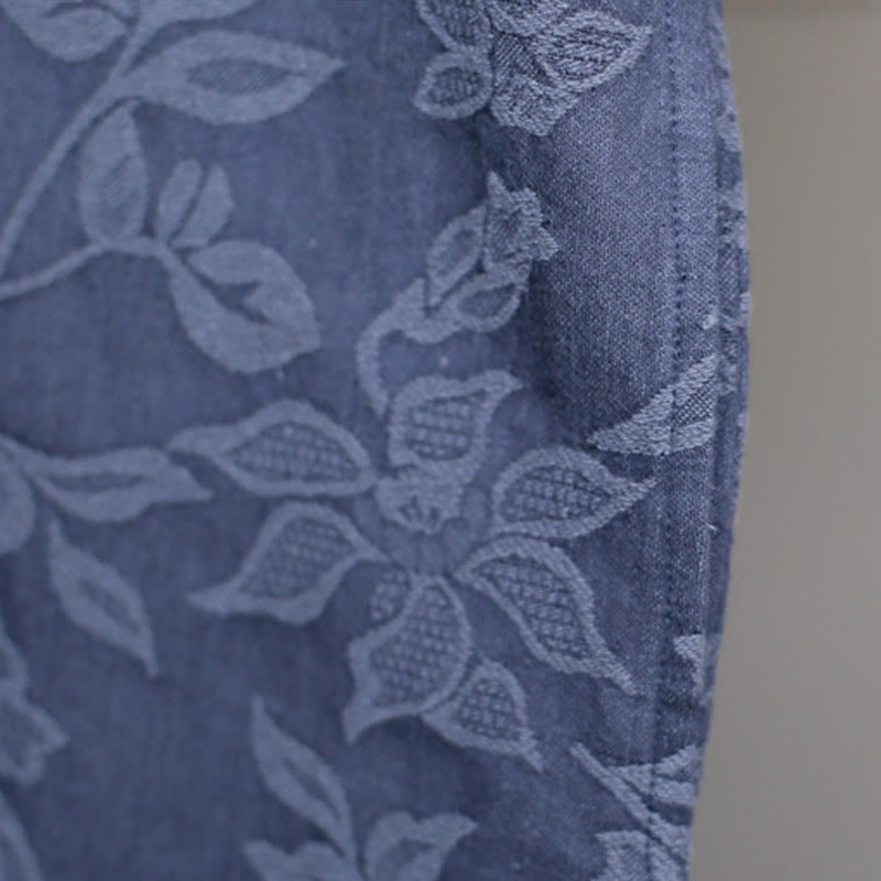 Blue Flowers Embroidery Jacquard Midi Dress Three Quarter Sleeve Cotton Dress With Pockets