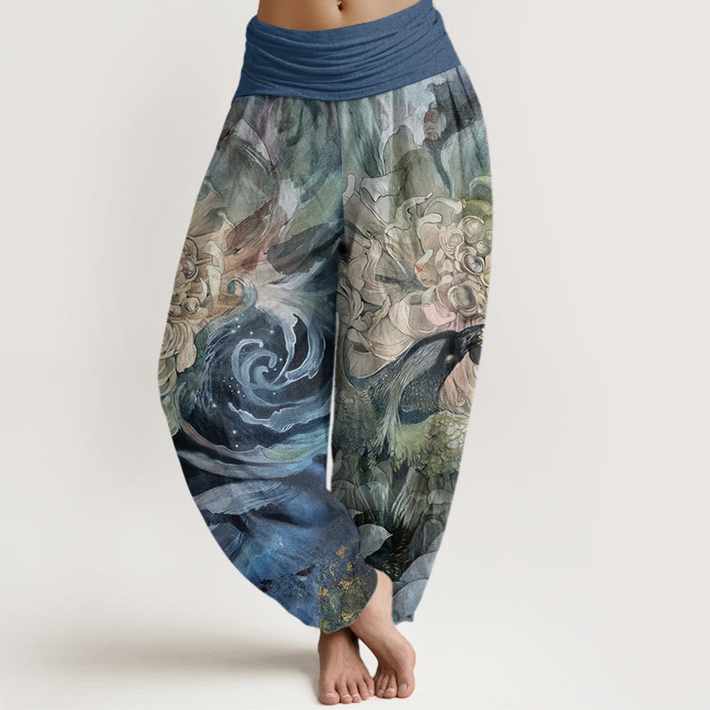 Phoenix Lotus Pattern Women's Elastic Waist Harem Pants