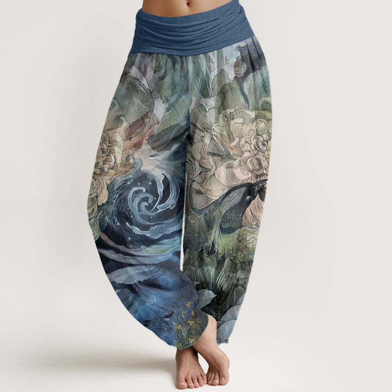 Phoenix Lotus Pattern Women's Elastic Waist Harem Pants