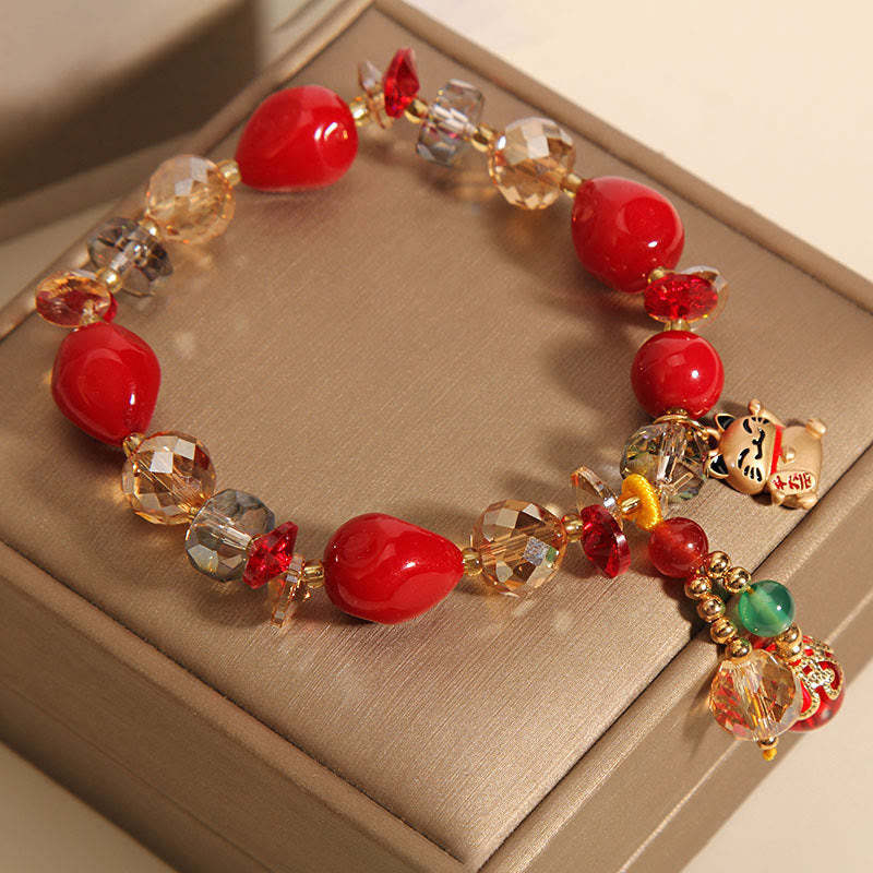 Red Stone Lucky Cat Rabbit Fu Character Fortune Bracelet