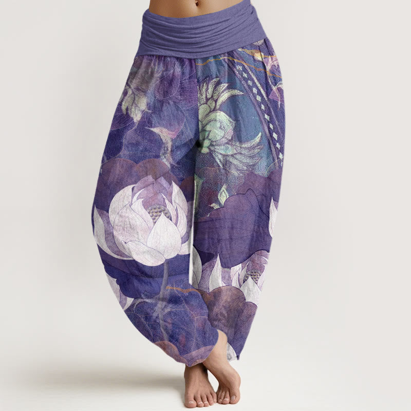 White Lotus Leaves Pattern Casual Women's Elastic Waist Harem Pants
