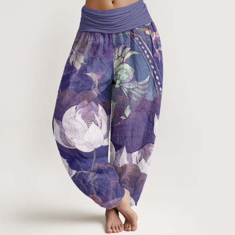 White Lotus Leaves Pattern Casual Women's Elastic Waist Harem Pants