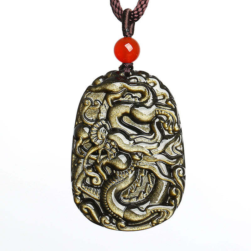 Gold Sheen Obsidian Dragon Pattern Success Necklace Pendant