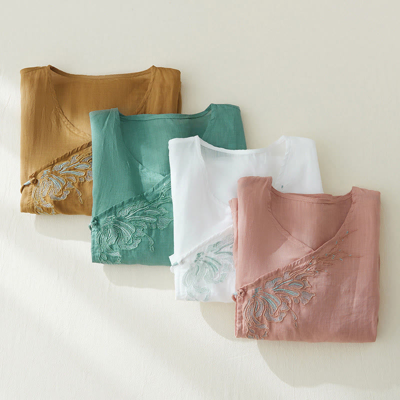 Casual Women's Embroidery Plants Design Three Quarter Sleeve Cotton Linen Shirt