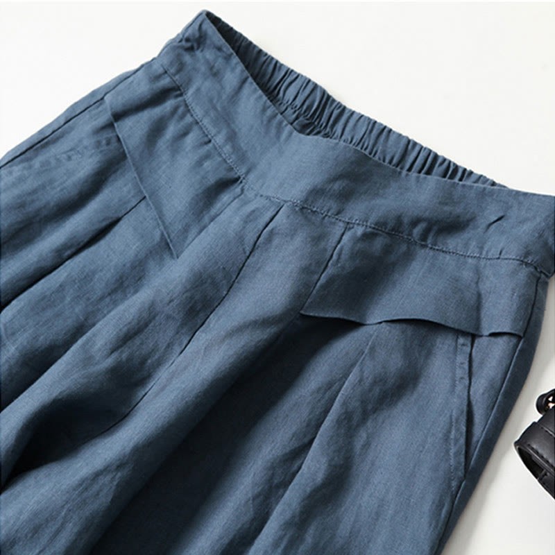 Plain Color Cotton Linen High Waist Wide Leg Pants With Pockets