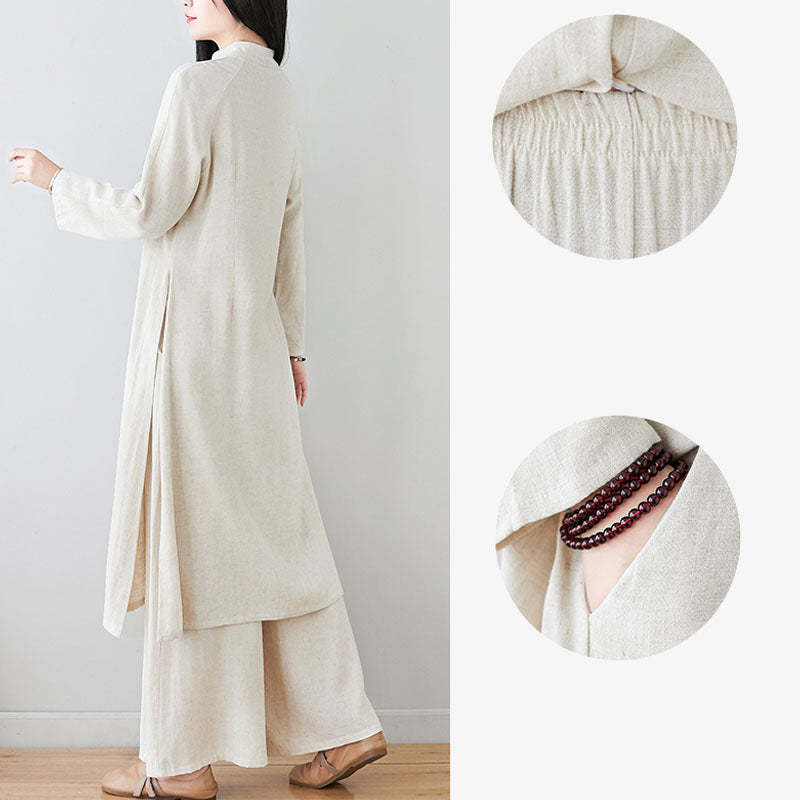 2Pcs Chinese Frog Button Design Zen Tai Chi Meditation Clothing Cotton Linen Top Pants Women's Set
