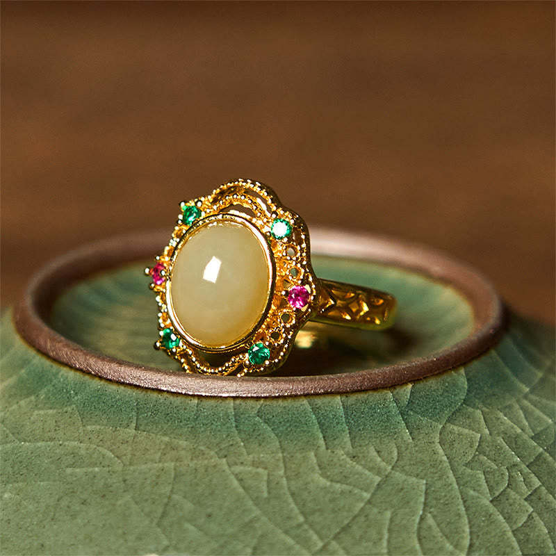 Natural Hetian Jade Egg Hollow Pattern Copper Open Luck Ring
