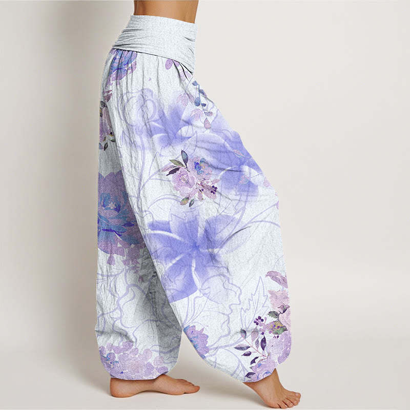 Various Flowers Leaves Pattern Women's Elastic Waist Harem Pants
