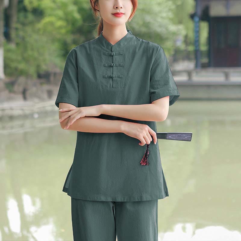 2Pcs Women's Short Sleeve Shirt Top T-Shirt Pants Meditation Zen Tai Chi Cotton Linen Clothing Set
