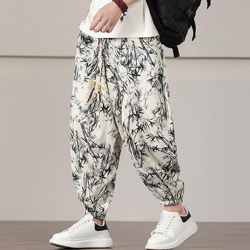 Bamboo Leaf Pattern Drawstring Men's Harem Pants With Pockets