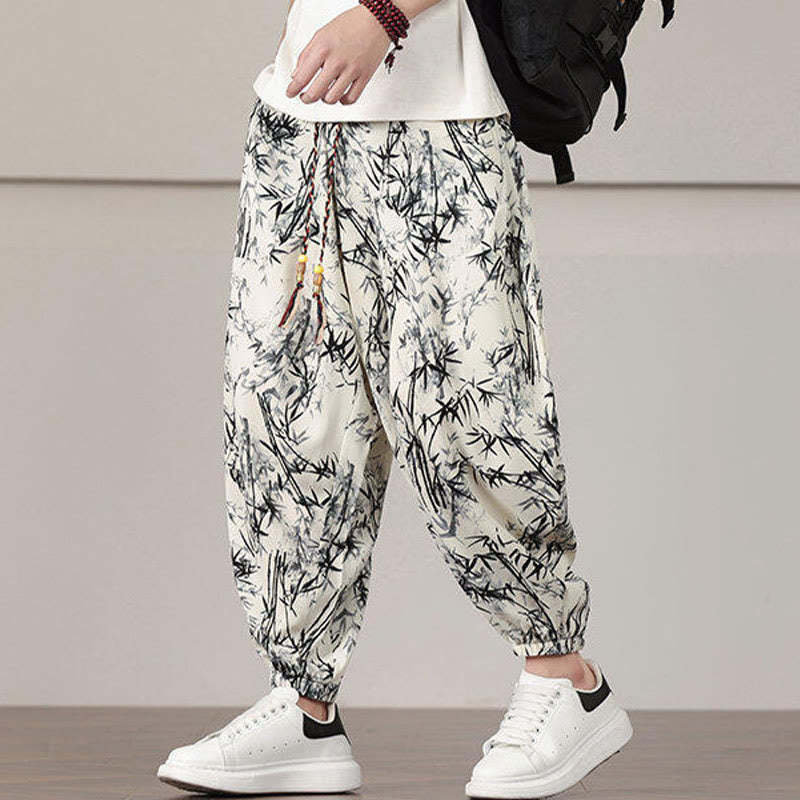 Bamboo Leaf Pattern Drawstring Men's Harem Pants With Pockets