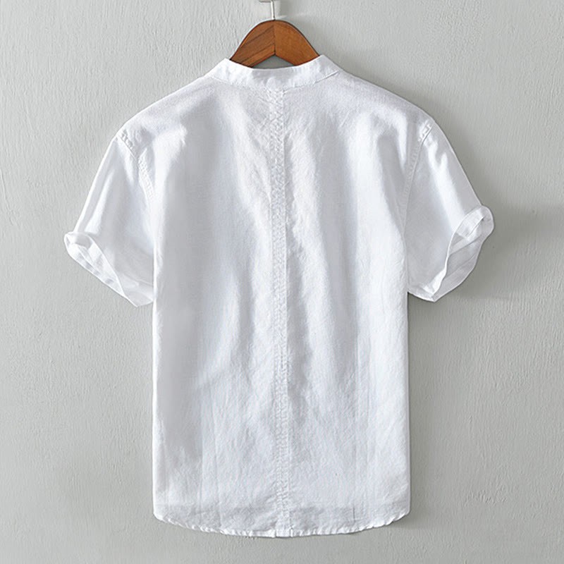 Causal Simple Design Short Sleeve Cotton Linen Half Button Men's Shirt