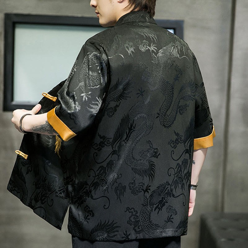 Frog-Button Chinese Dragon Embroidery Half Sleeve Shirt Linen Men Clothing
