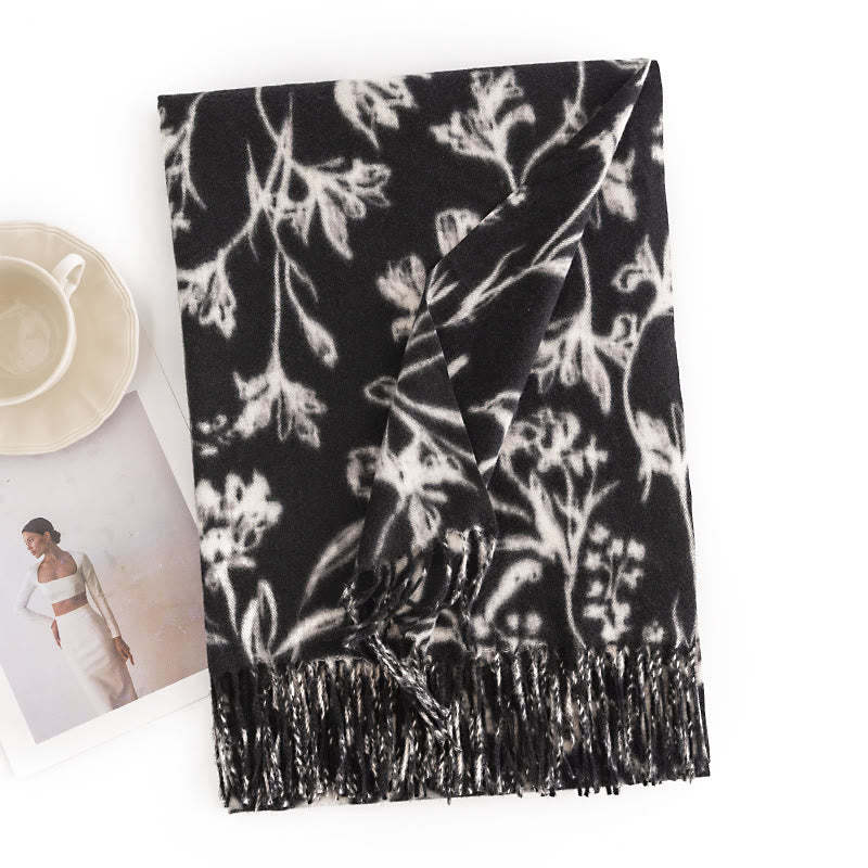 Tibetan Shawl Blooming Flower Branches Print Tassels Fall Winter Cozy Warm Scarf Wrap