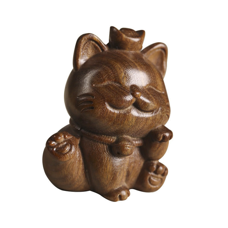Mini Green Sandalwood Ingot Lucky Cat Carved Peace Desk Decorations