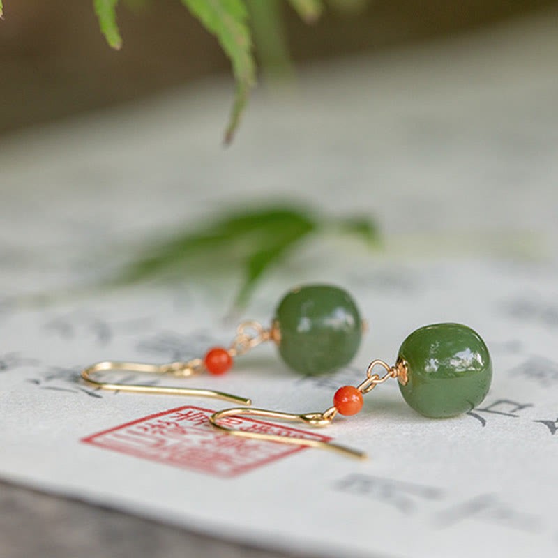 925 Sterling Silver 14K Gold Plated Hetian Jade Red Agate Luck Drop Dangle Earrings