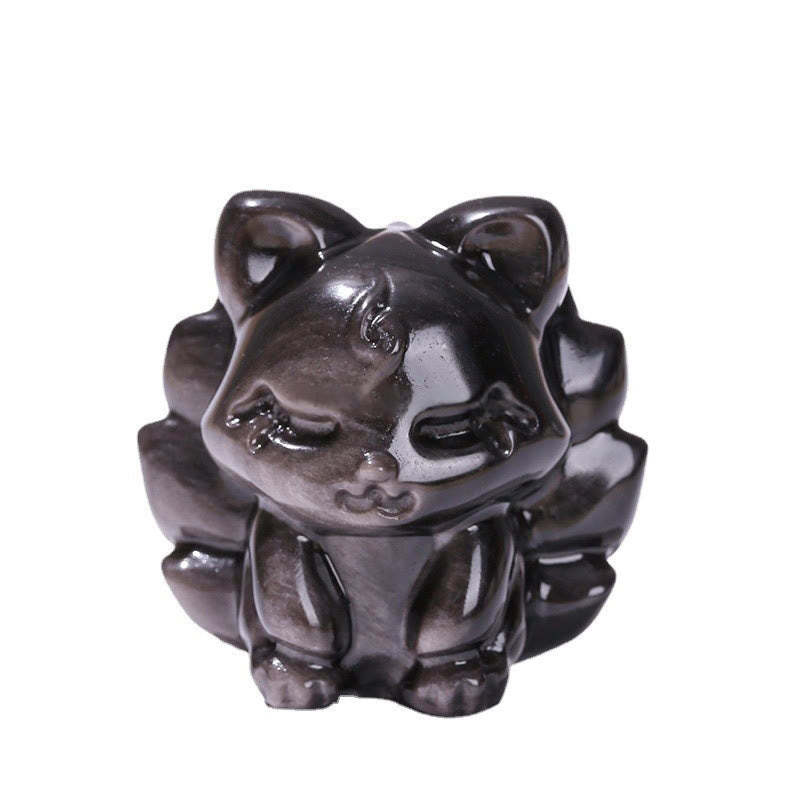 Natural Silver Sheen Obsidian Nine-Tailed Fox Protection Home Decoration